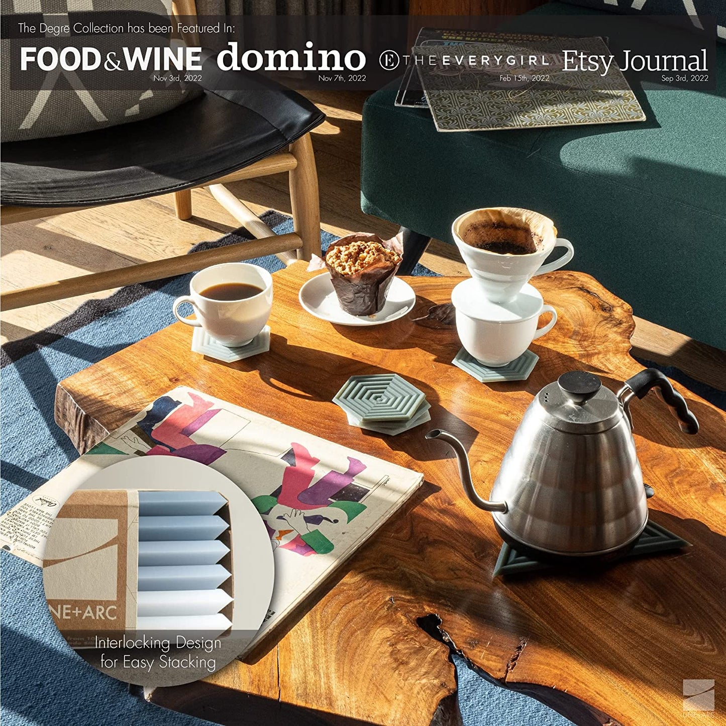 Extra Thick Silicone Coasters (Featured in Nytimes Wirecutter) Waterproof Dishwasher-Safe Stain Resistant (Set of 6 Clay Original Degrē Coasters) Outdoor Rubber Coffee Hexagon Modern Mid-Century