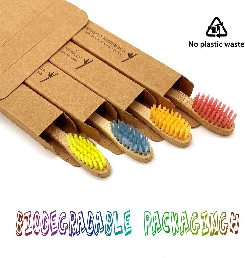 Kids Bamboo Toothbrushes, Biodegradable Handle, Bpa-Free Soft Bristles, Children Size Set of 4 (4 Colors)