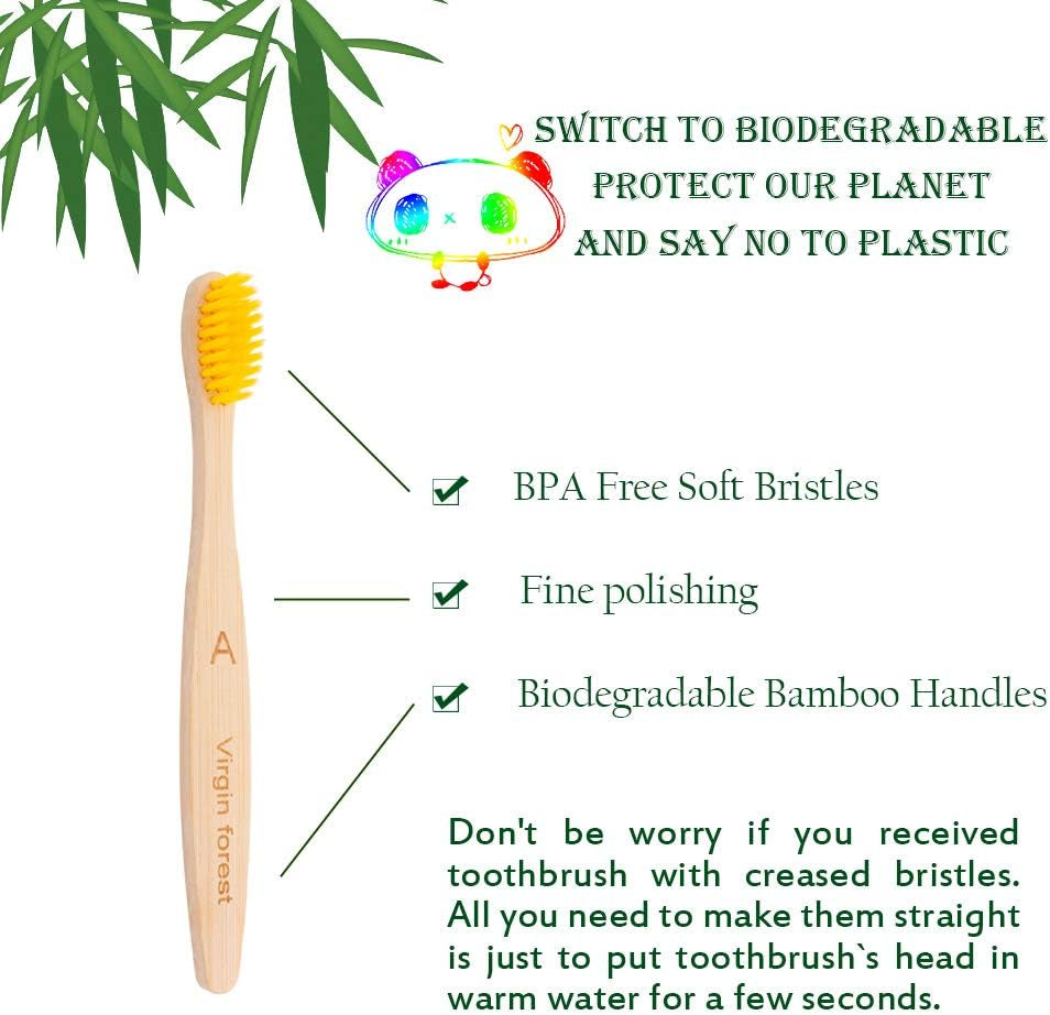 Kids Bamboo Toothbrushes, Biodegradable Handle, Bpa-Free Soft Bristles, Children Size Set of 4 (4 Colors)