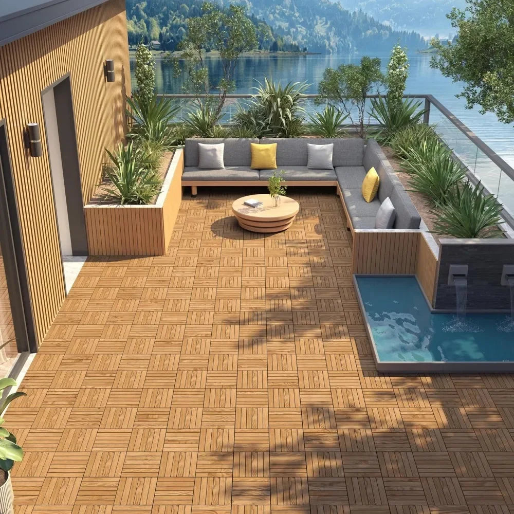 Garden flooring, 10PCS Acacia wood interlocking flooring for outdoor and indoor waterproofing, 12 x 12 inches, garden flooring