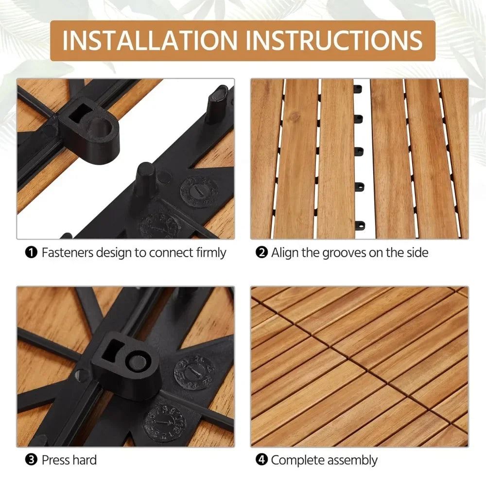 Garden flooring, 10PCS Acacia wood interlocking flooring for outdoor and indoor waterproofing, 12 x 12 inches, garden flooring