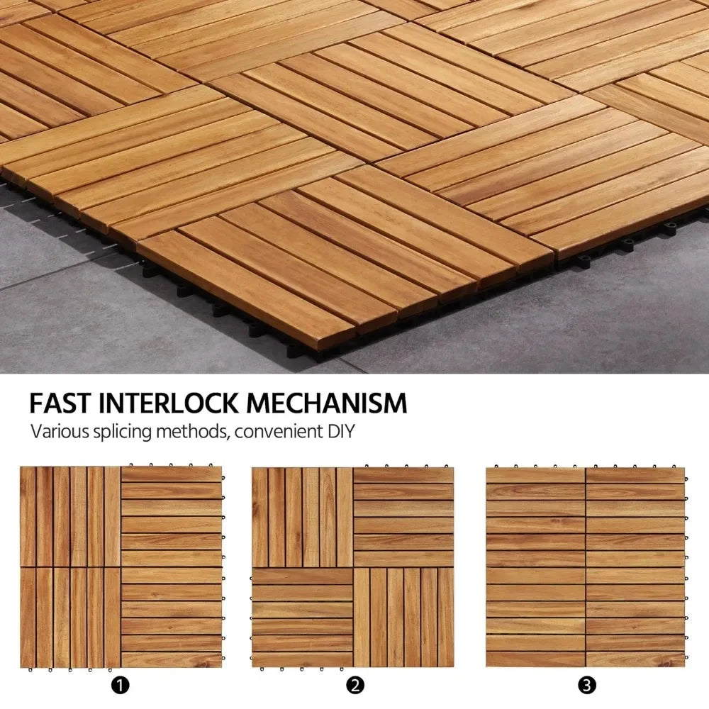 Garden flooring, 10PCS Acacia wood interlocking flooring for outdoor and indoor waterproofing, 12 x 12 inches, garden flooring