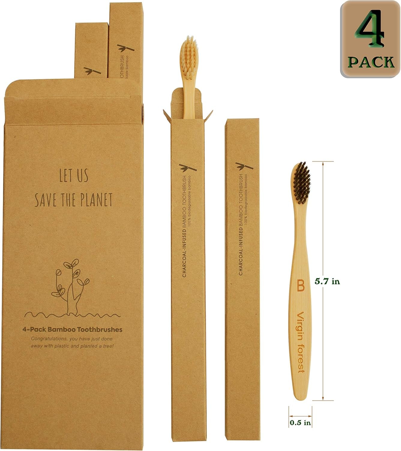 Kids Bamboo Toothbrushes, Biodegradable Handle, Bpa-Free Soft Bristles, Children Size Set of 4 (4 Colors)