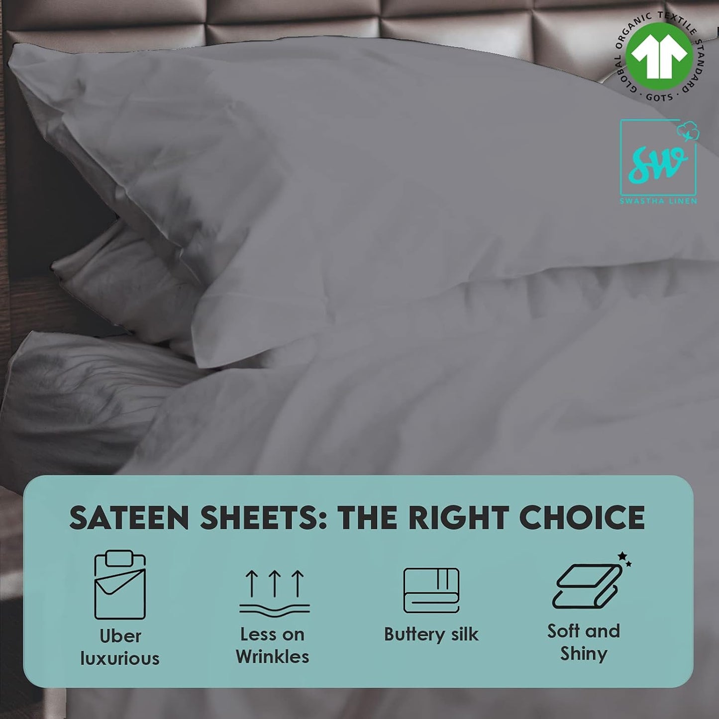 Cal King Fitted Sheets & Pillow Cover Set 100% Organic Cotton 300 Thread Count Fits Mattress Upto 17 Inches Deep Pocket Hotel Quality Luxury Soft Sheets & Pillowcases 4 Piece Sateen - Light Grey