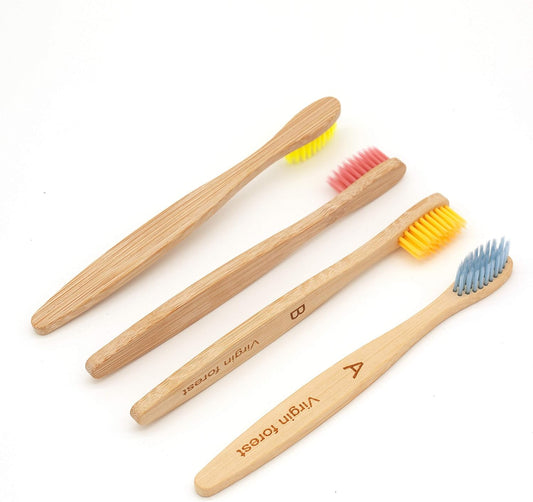 Kids Bamboo Toothbrushes, Biodegradable Handle, Bpa-Free Soft Bristles, Children Size Set of 4 (4 Colors)