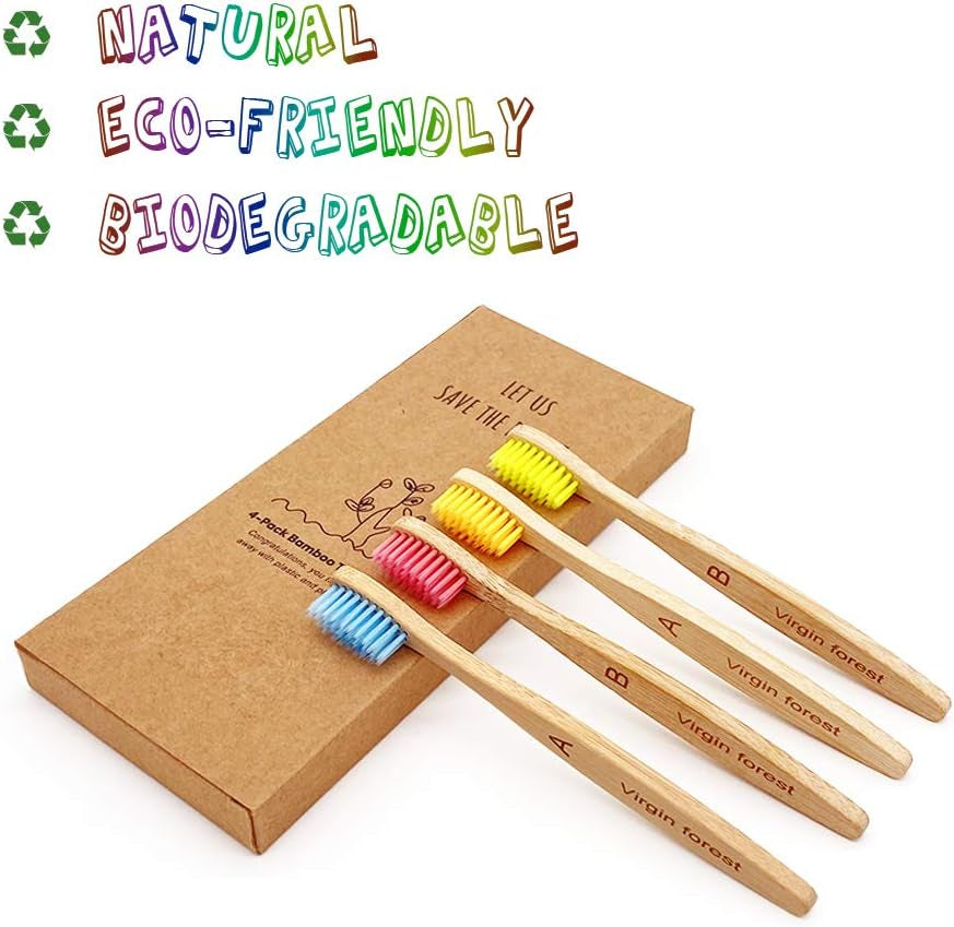 Kids Bamboo Toothbrushes, Biodegradable Handle, Bpa-Free Soft Bristles, Children Size Set of 4 (4 Colors)
