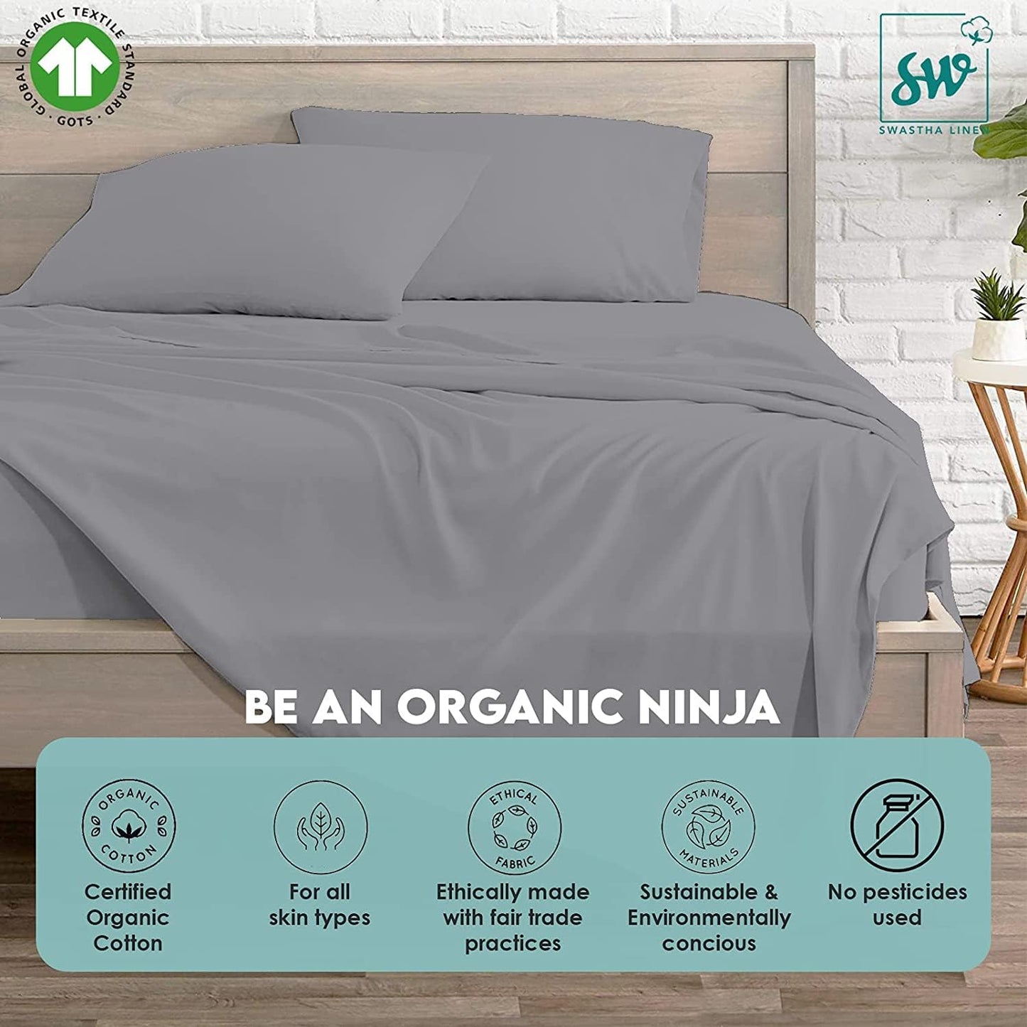 Cal King Fitted Sheets & Pillow Cover Set 100% Organic Cotton 300 Thread Count Fits Mattress Upto 17 Inches Deep Pocket Hotel Quality Luxury Soft Sheets & Pillowcases 4 Piece Sateen - Light Grey